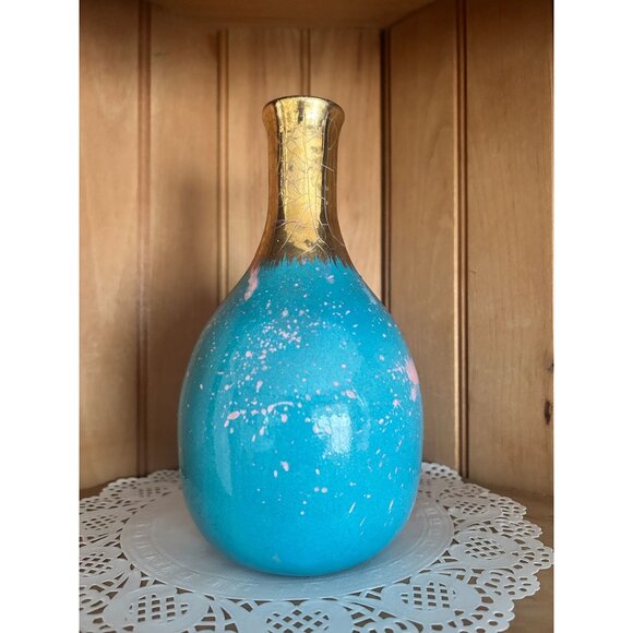 Vintage Unique Turquoise & Gold Crackle Ceramic Vase Pink Drip Accents Flower - Picture 5 of 8